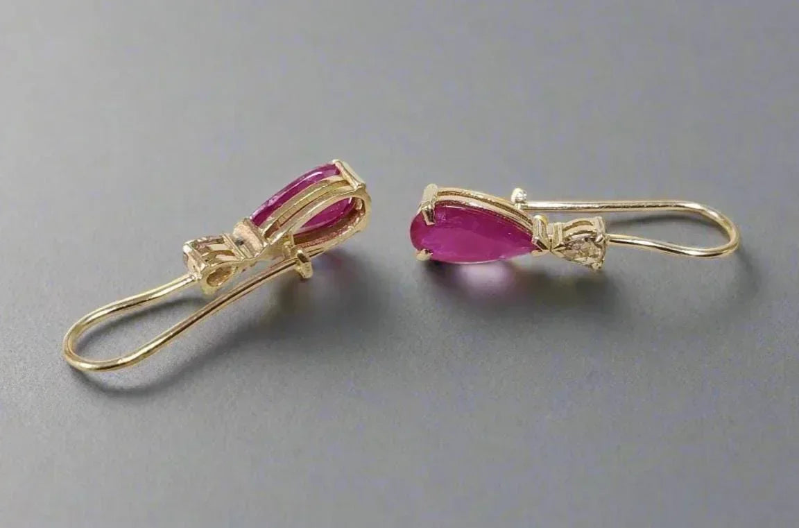 Teardrop Ruby Earrings: Rose Cut Diamond, 14k Gold Lever Backs - K Jewelry Accessories