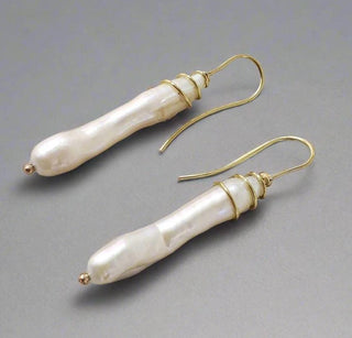 14k Gold Pearl Earrings: Organic Gemstone, Wire Wrap Dangle - K Jewelry Accessories
