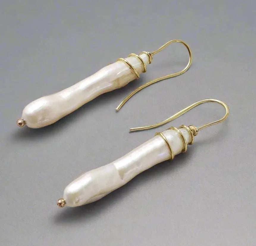 14k Gold Pearl Earrings: Organic Gemstone, Wire Wrap Dangle - K Jewelry Accessories