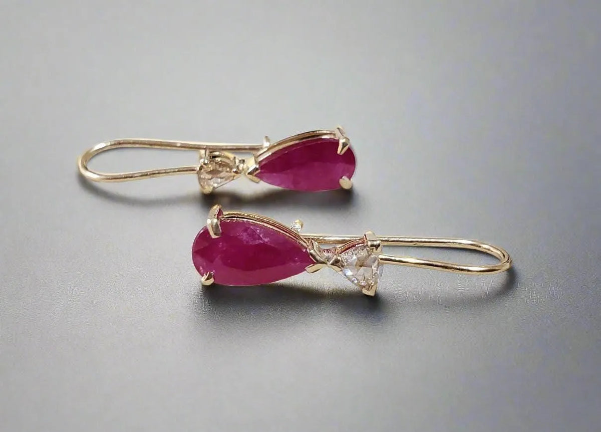 14k Gold Ruby & Rose Cut Diamond Leverback Earrings - K Jewelry Accessories