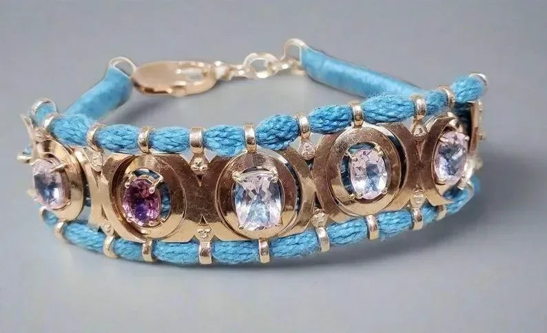 Rose Gold Vermeil Luxury Cord Bracelet - Morganites, Tourmalines & Diamonds Studded - K Jewelry Accessories