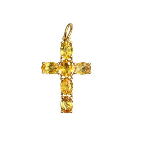 18k Gold Natural Yellow Sapphire Cross Pendant : Jesus Christ Jewelry