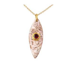 14k Gold Pink Jasper Drilled Pendant : Bezel Set Garnet