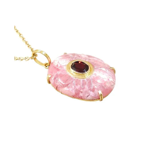 14k Gold Craved Rhodochrosite Pendant : Garnet Accent