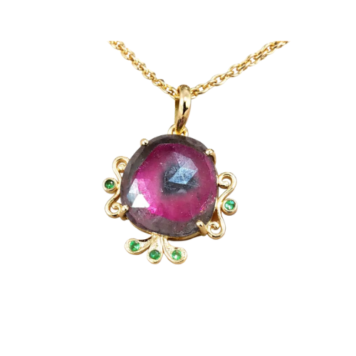 14k Solid Gold Watermelon Tourmaline Pendant: Natural Tsavorite Accent