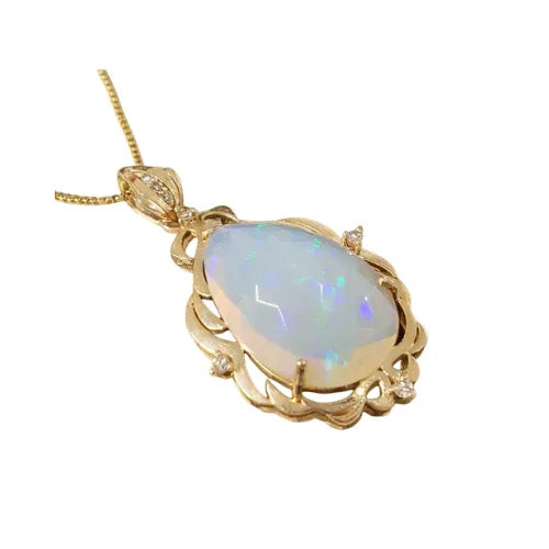 Natural Ethiopian Opal Statement Pendant 14K Gold : Natural Diamond Studded