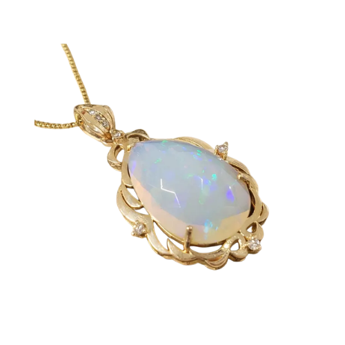Natural Ethiopian Opal Statement Pendant 14K Gold : Natural Diamond Studded