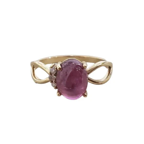 Natural Pink Tourmaline Cabochon Ring in 14K Gold with Diamond Accent