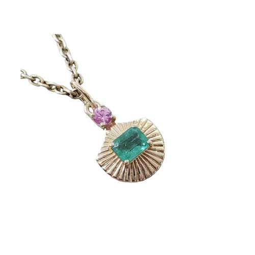 Natural Emerald and Pink Sapphire Pendant in 14k Gold
