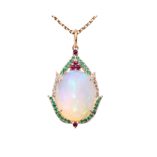 14K Gold Ethiopian Opal Pendant Natural Ruby, Emerald & Diamond Studded