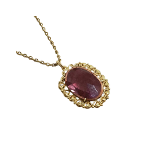 Antique Oval Pink Tourmaline Pendant Necklace 14K Gold