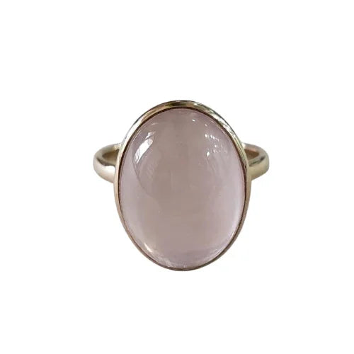 Natural Rose Quartz Ring in 14K Gold, Oval Cabochon Pink Stone