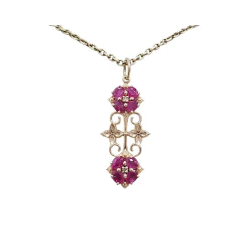 14k Gold Natural Ruby Chandelier Pendant, Vintage Floral Ruby Charm