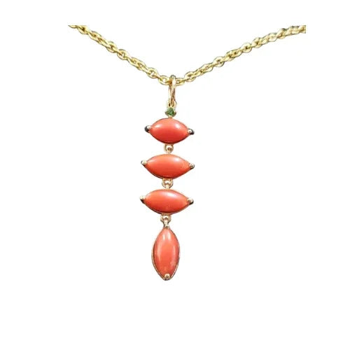 Marquise Italian Coral With Tsavorite 14k Gold Pendant