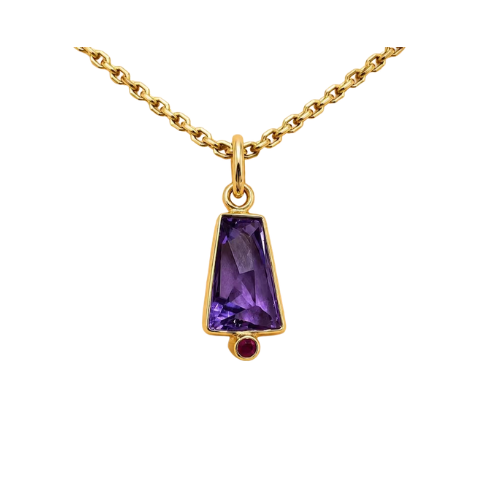 Dainty 14K Gold Purple Amethyst Pendant Ruby Accent