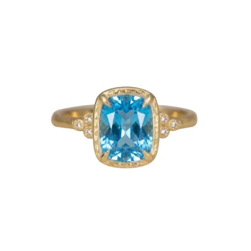 14k Gold Cushion Blue Topaz Diamond Ring