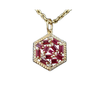 14k Gold Ruby Hexagon Pendant with Diamond Halo