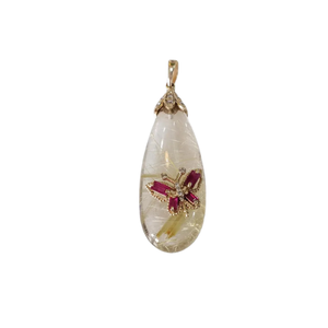 14k Gold Rutilated Quartz Pendant with Natural Ruby & Diamond Butterfly