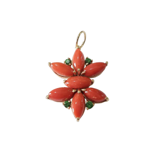 Floral 14k Gold Marquise Coral With Tsavorite Pendant