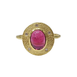 Hammered 14k Gold Pink Tourmaline Cabochon Ring