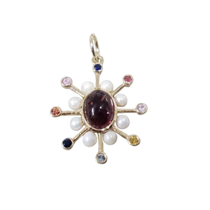 14k Gold Floral Pearl, Pink Tourmaline and Multi Stones Pendant