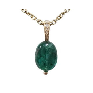 Natural Drilled Emerald With Diamonds Pendant in 14k Gold