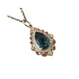 14k Solid Gold Lagoon Tourmaline Pendant with Diamonds and Rubies