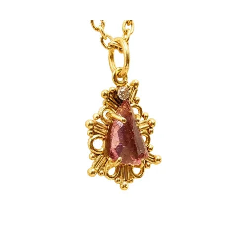 Natural Pink Tourmaline Pendant in 14K Gold: Diamond Accent