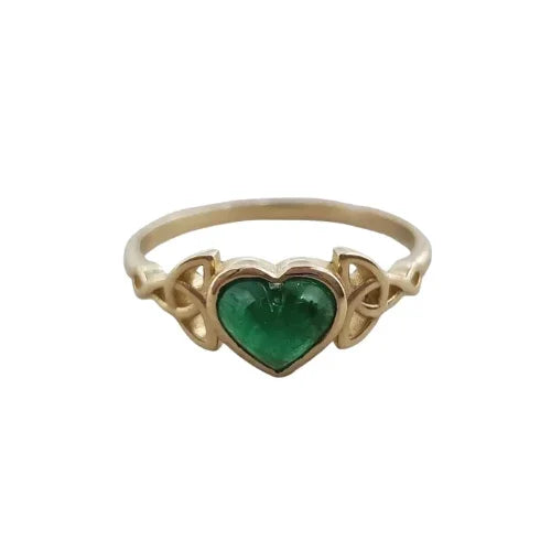 14k Gold Heart Emerald Ring, Natural Green Cabochon