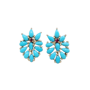 14K Solid Gold Turquoise & Ruby Stud Earrings