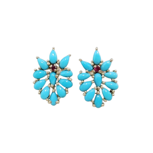 14K Solid Gold Turquoise & Ruby Stud Earrings