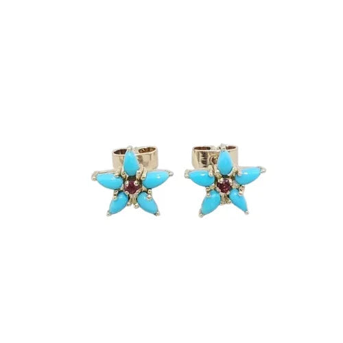 Star Turquoise & Ruby Stud Earrings in 14K Solid Gold