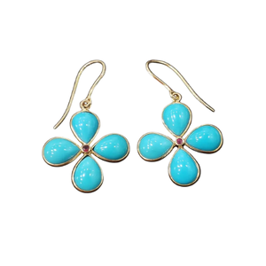 14k Solid Gold Turquoise & Ruby Flower Earrings