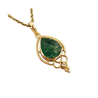 14k Gold Carved Emerald & Diamond Pendant