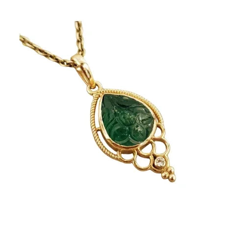 14k Gold Carved Emerald & Diamond Pendant