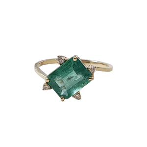 14 Karat Goldring mit sambischem Smaragd und Diamant im Rosenschliff