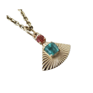 14k Solid Gold Emerald & Orange Sapphire Pendant