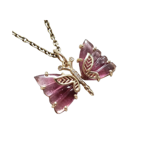 14K Gold Pink Tourmaline Butterfly Pendant with Diamond