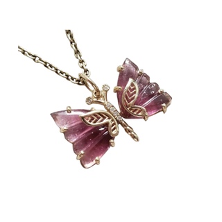 14K Gold Pink Tourmaline Butterfly Pendant with Diamond