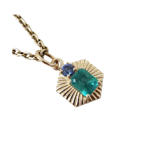 Natural Emerald & Blue Sapphire Pendant in 14k Gold