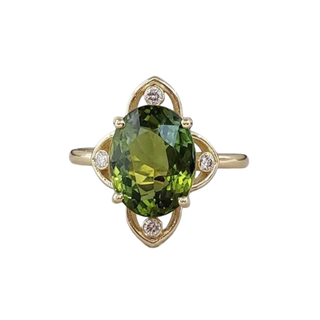14k Gold Natural Green Tourmaline & Diamond Ring