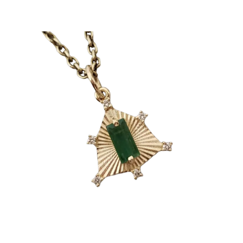 14K Solid Gold Natural Emerald & Diamond Pendant