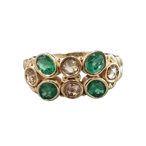 14 Karat Goldring mit sambischem Smaragd und Diamant im Rosenschliff