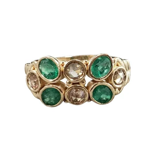 14 Karat Goldring mit sambischem Smaragd und Diamant im Rosenschliff