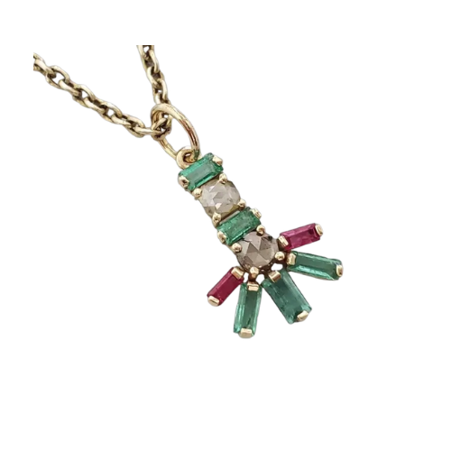 14K Solid Gold Natural Emerald, Diamond & Ruby Pendant