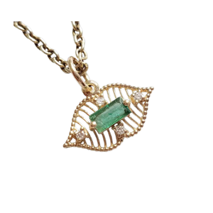 14k Solid Gold Lips Charm, Emerald Baguette & Diamond Accents