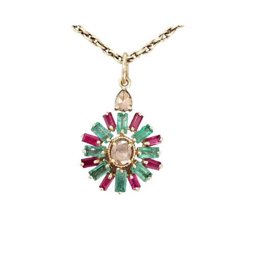 Natural Emerald & Ruby Baguette With Diamond Pendant in 14K Solid Gold