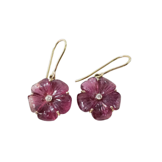 14K Solid Gold Carved Pink Tourmaline & Diamond Flower Earrings