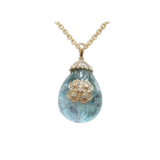 14K Solid Gold Aquamarine Carving with Diamond Pear Pendant
