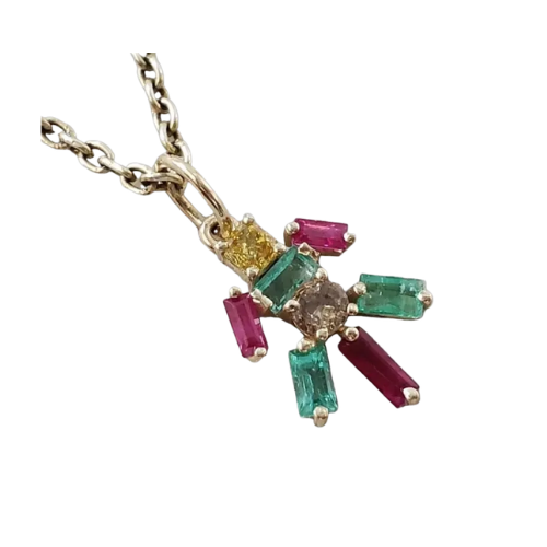 Handmade 14K Gold Emerald Ruby & Diamond Pendant
